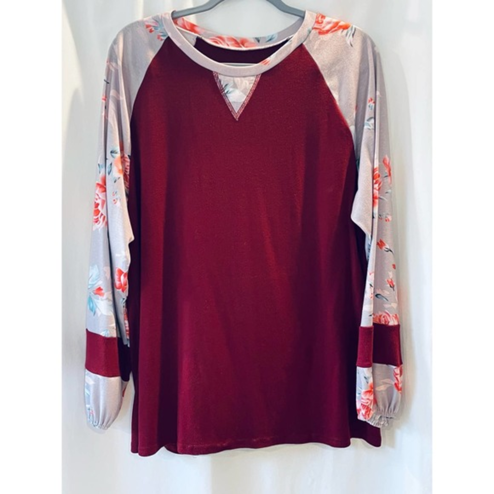 Deep Red and Floral Long Peasant‎ Sleeve T Shirt XXL